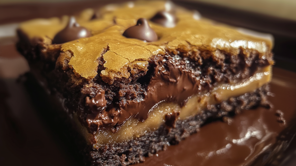 Brookie with fudgy brownie base and chocolate chip cookie topping