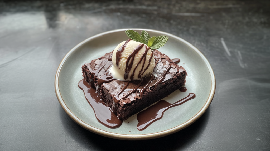 Brownie with vanilla ice cream and chocolate sauce.