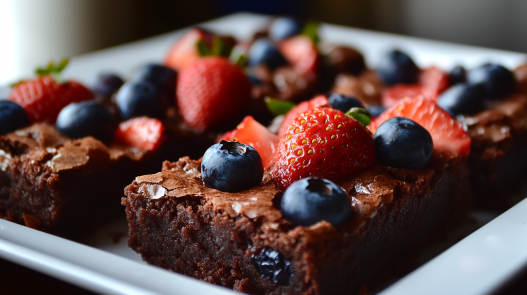 Fruity brownies with strawberries and blueberries