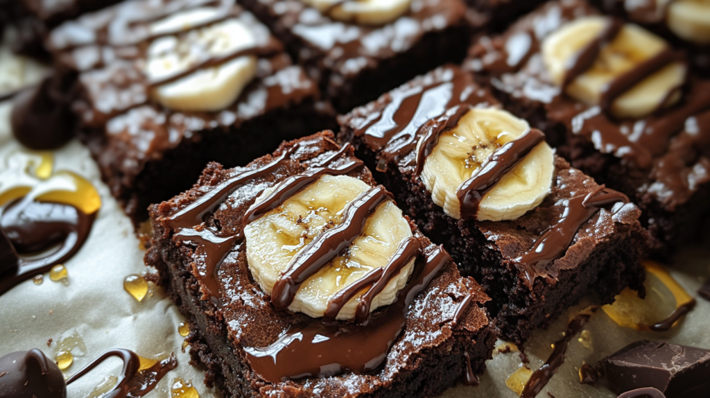 Freshly baked banana brownies with chocolate drizzle