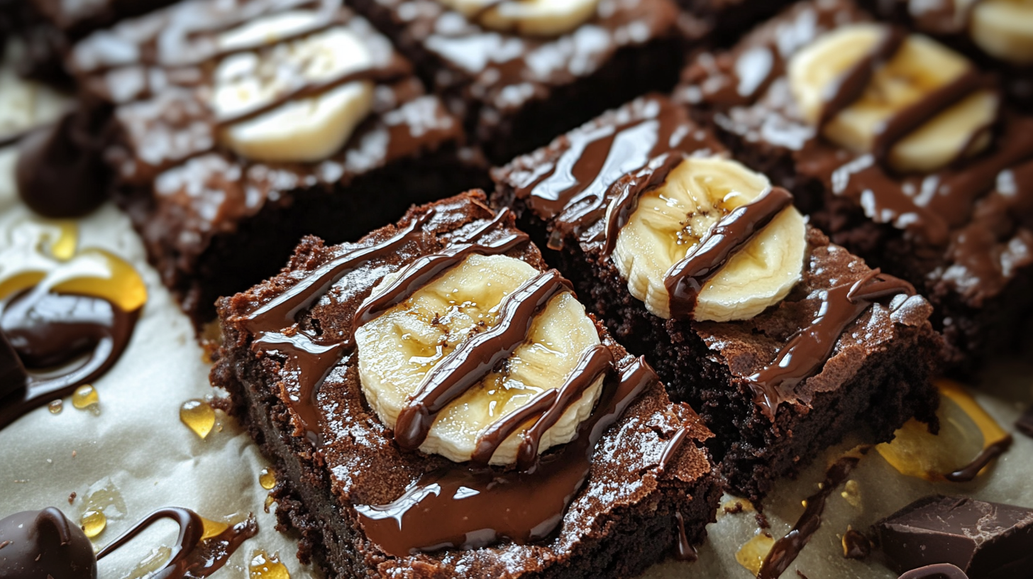 Freshly baked banana brownies with chocolate drizzle