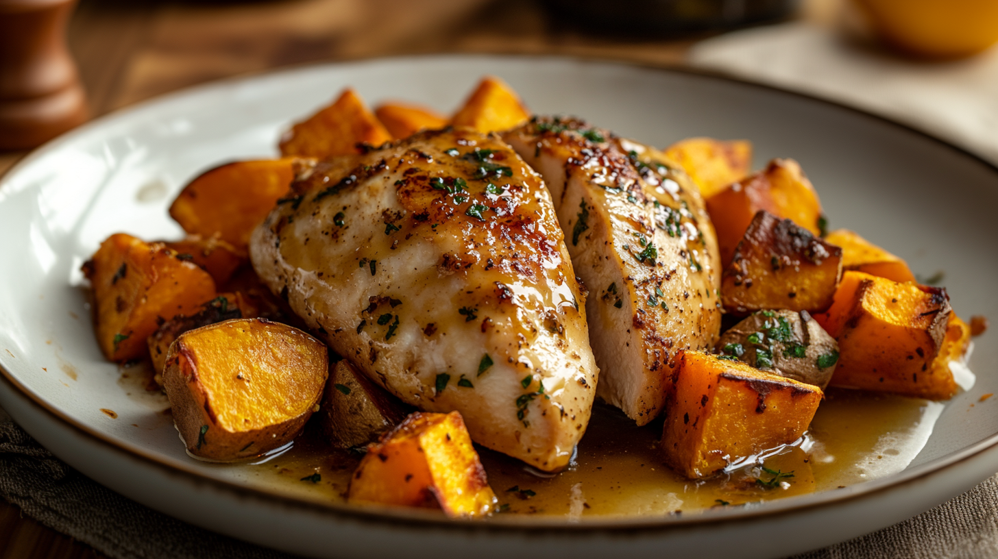 Honey mustard sauce drizzled over chicken and sweet potatoes