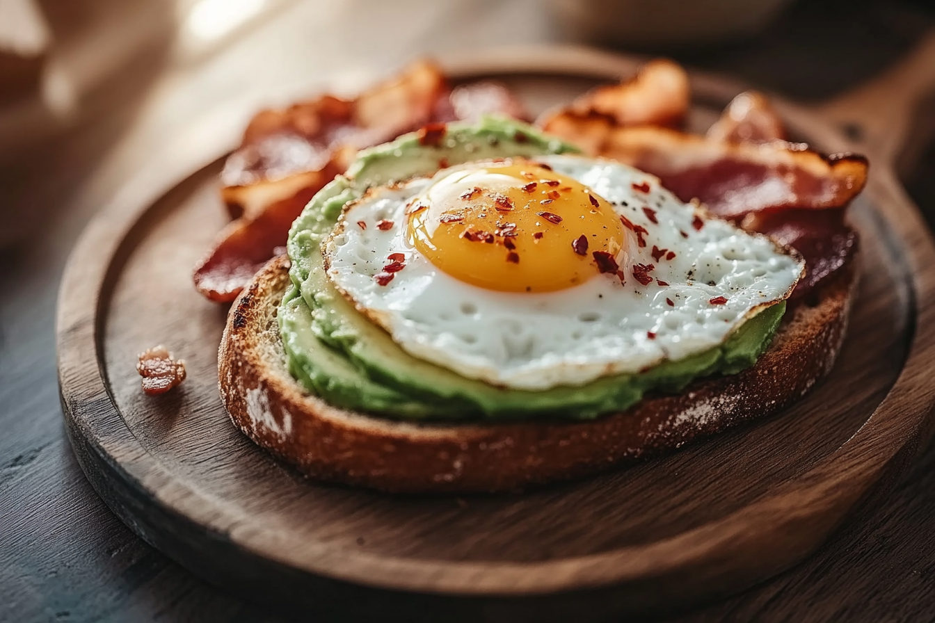 Avocado toast with egg and crispy bacon on sourdough bread