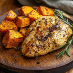 Baked chicken and sweet potatoes on a plate.