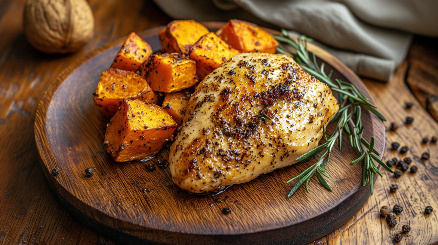 Baked chicken and sweet potatoes on a plate.