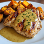 Grilled chicken with honey mustard sauce and sweet potatoes.