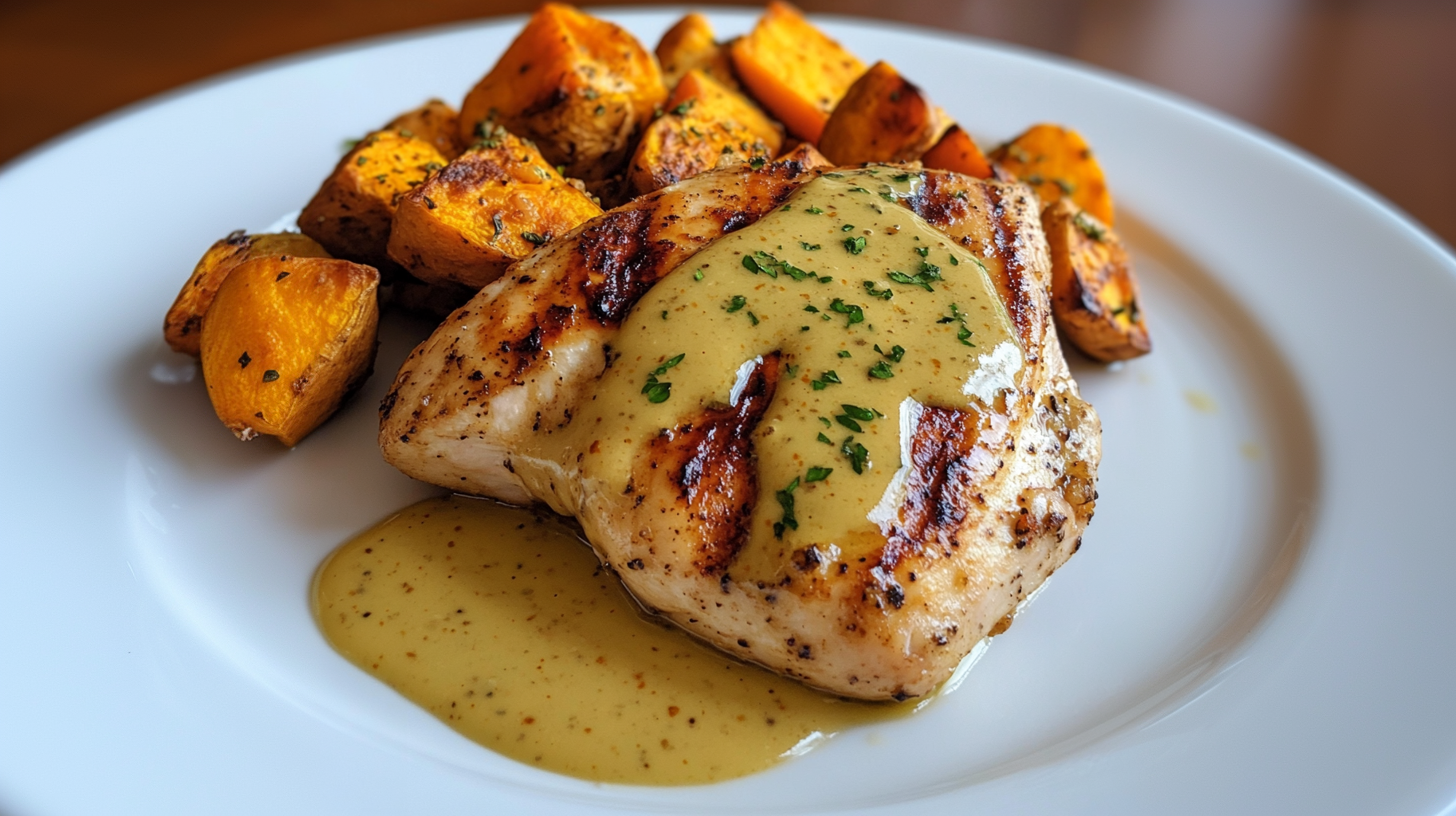 Grilled chicken with honey mustard sauce and sweet potatoes.