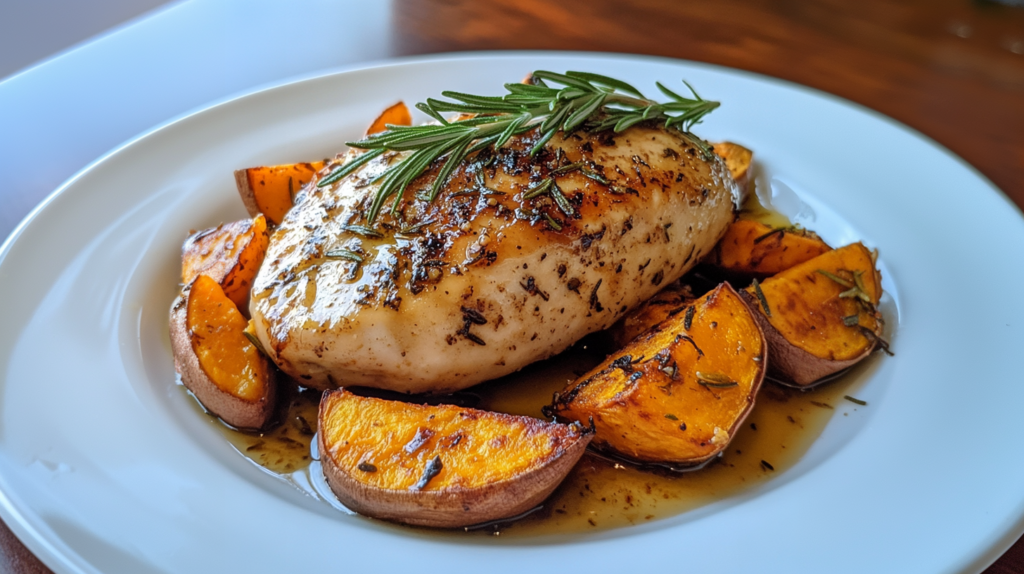 Baked chicken breast with sweet potatoes on a plate