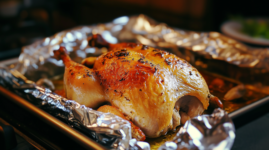 Roasted chicken half-covered with foil
