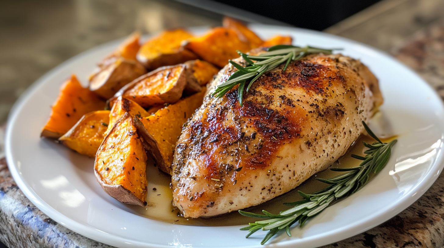 Roasted chicken and sweet potatoes on a plate