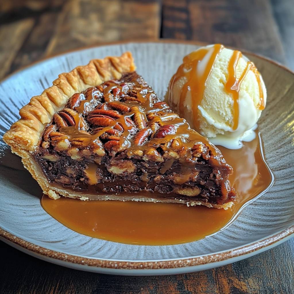 Slice of chocolate pecan pie with vanilla ice cream and caramel drizzle on a ceramic plate, photographed with Samsung Galaxy S24 Ultra.