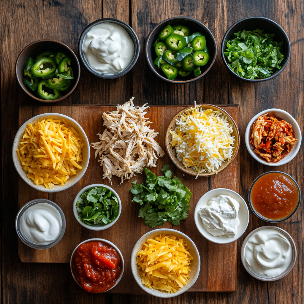 Chicken Enchiladas Casserole – The Ultimate Comfort Dish with a Mexican Twist 5 Ingredients for chicken enchiladas casserole arranged on a board