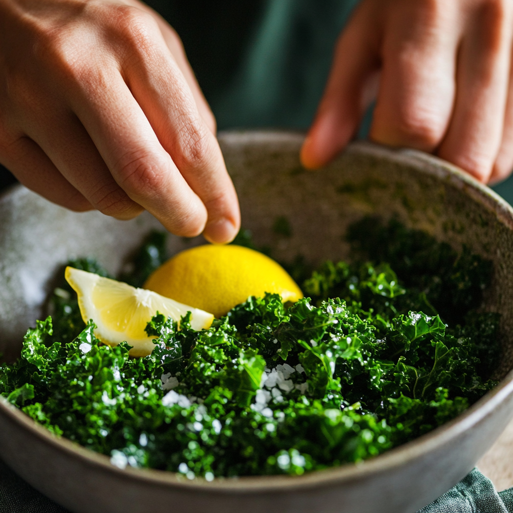 Kale Salad Recipe – Simple, Fresh, and Perfect for Every Season 6 Massaging kale for salad preparation