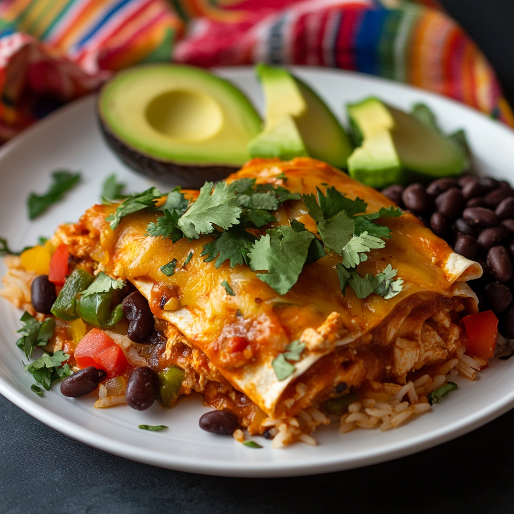 Chicken Enchiladas Casserole – The Ultimate Comfort Dish with a Mexican Twist 7 Chicken enchiladas casserole served with rice and avocado