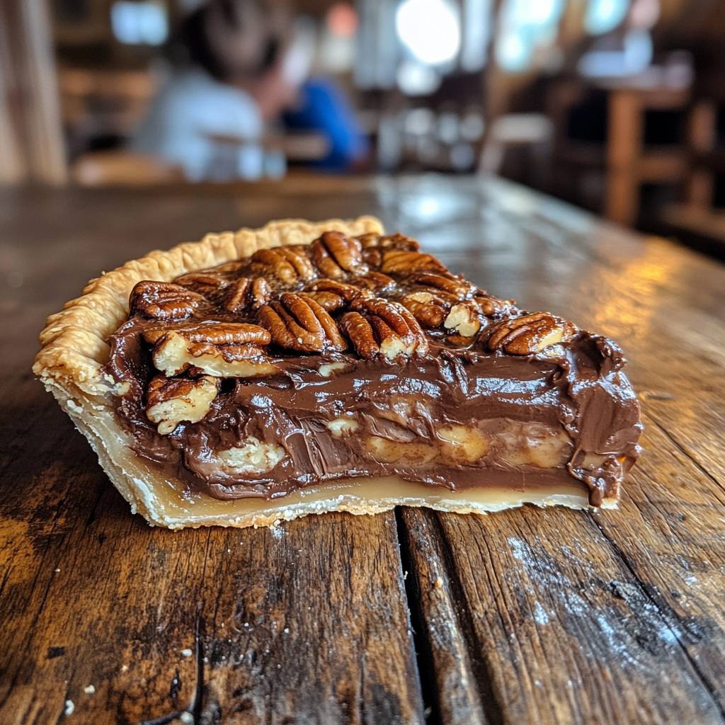 Chocolate Pecan Pie: The Ultimate Southern Dessert with a Decadent Twist 5 Close-up of chocolate pecan pie with a slice removed, showing gooey chocolate filling and toasted pecans on a wooden table, taken with Samsung Galaxy S24 Ultra.