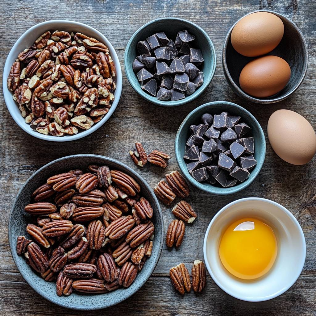 Chocolate Pecan Pie: The Ultimate Southern Dessert with a Decadent Twist 6 Flat lay of chocolate pecan pie ingredients—pecans, chocolate chips, brown sugar, and eggs—on a rustic kitchen counter